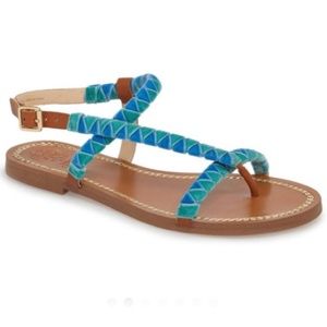 Vince Camuto Raminta Turquoise Blue/Green Velvet & Brown Leather Sandal